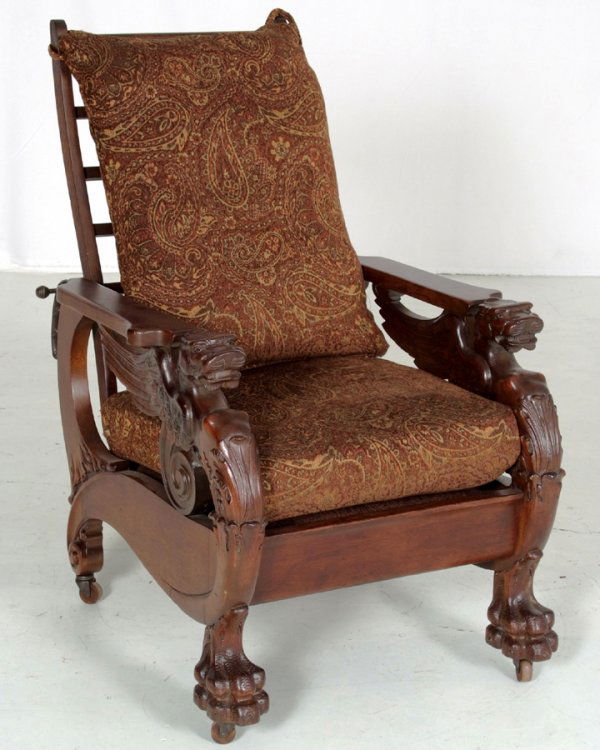 131: Antique RJ Horner Winged Griffin Morris Chair, Mad : Lot 131