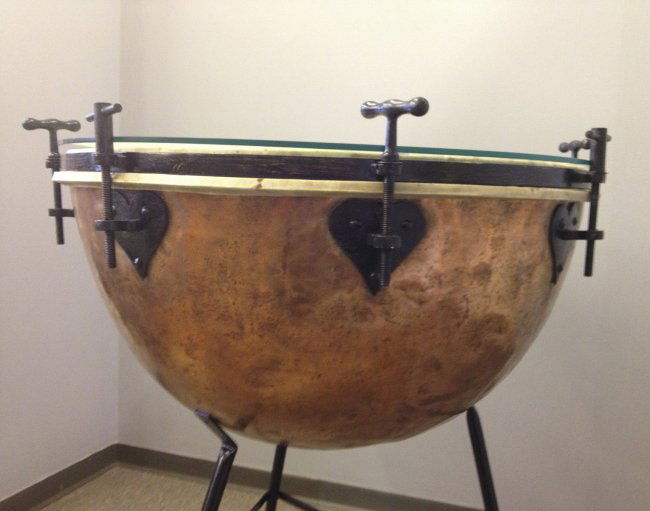 Vintage Copper Orchestra Kettle Drum, with stand and gl Lot 24