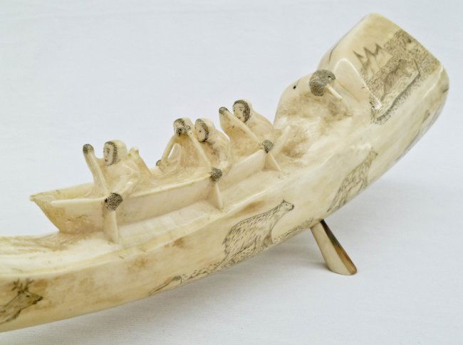 Impressive Alaskan Carved Ivory Walrus Tusk with Eskimo : Lot 178