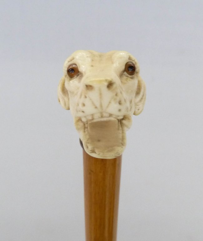 Antique Fine Carved Ivory Dog Head Walking Stick 36''. Lot 279
