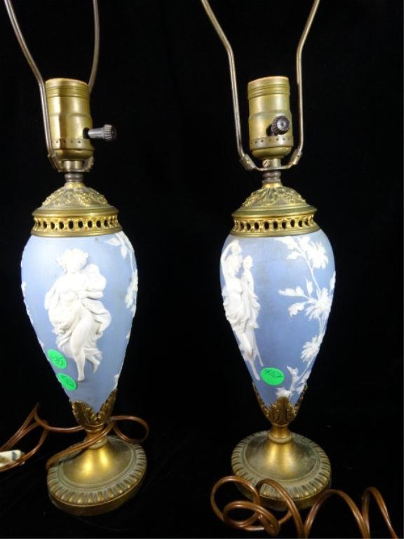 PAIR OF ANTIQUE WEDGWOOD BLUE JASPERWARE TABLE LAMPS, Lot 66