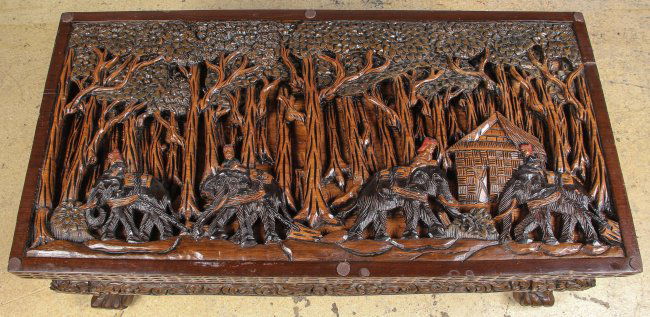 Glass top relief carved asian motif coffee table lot Glass top relief carved asian motif coffee table lot