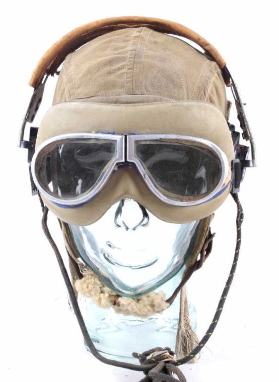 WWII AAF B-9 Flight Helmet M1938 Goggles & Headset : Lot 10