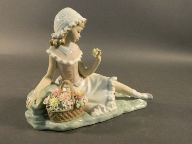 Lladro - Girl Smelling Flowers Sitting by Basket : Lot 697