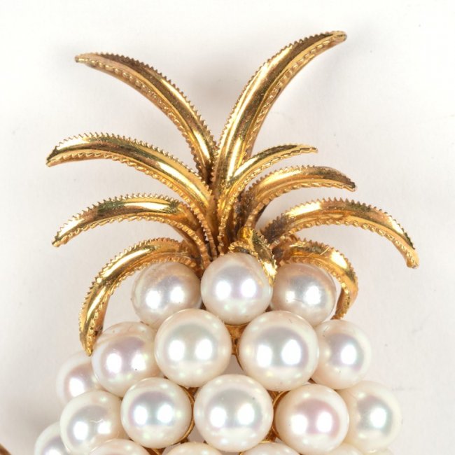 exquisite vintage 14k gold & cultured pearl pineapple brooch Circa