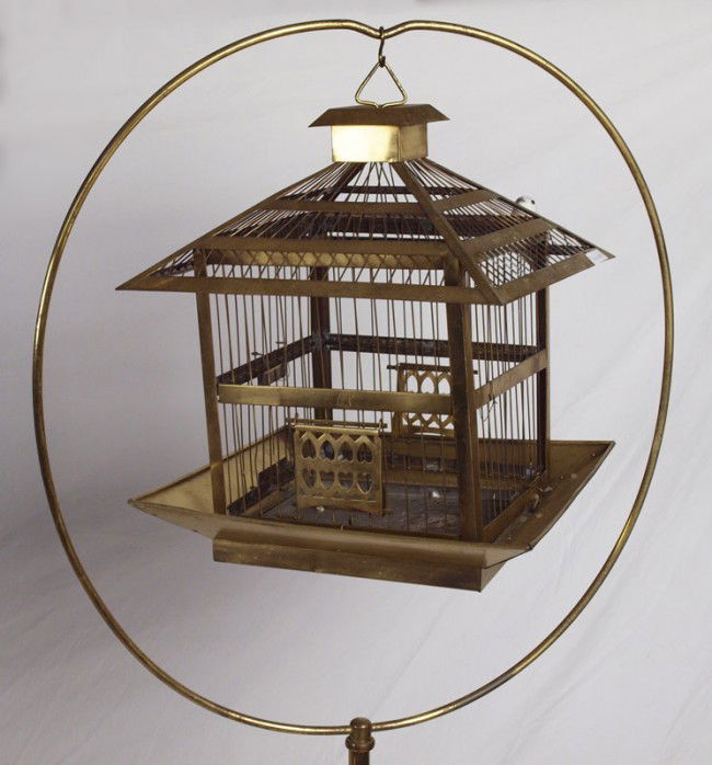 254 LATE VICTORIAN BRASS BIRD CAGE AND STAND Lot 254