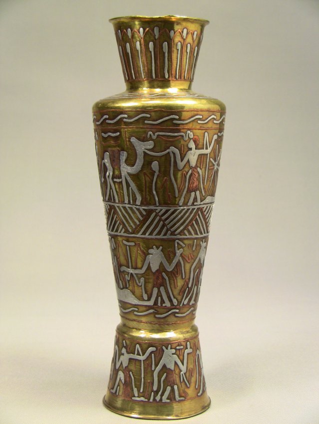 C.1900 CAIRO WARE Egyptian Brass Copper & Silver Vase Lot 374