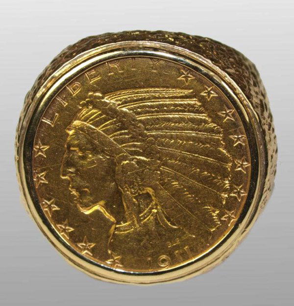 MEN'S 14KT GOLD & 5 DOLLAR 1911 INDIAN COIN RING Lot 250
