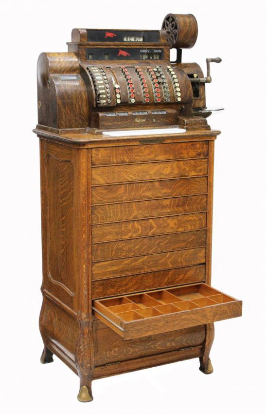 LARGE ANTIQUE NATIONAL CASH REGISTER ON OAK STAND Lot 65