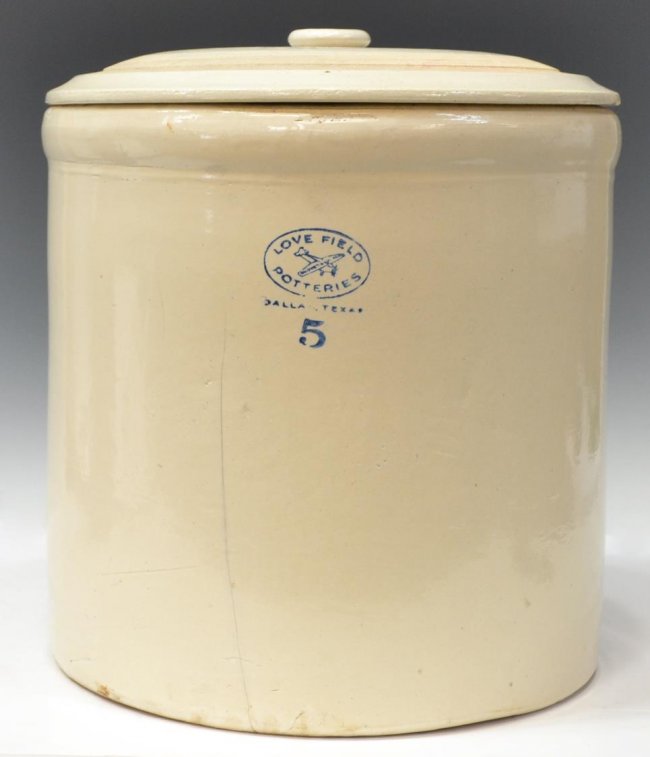 (2)LOVE FIELD POTTERIES 5 GAL CROCK & LARGE BOTTLE Lot 596