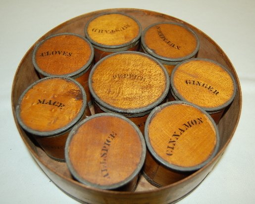 24: 9pc Antique Round Wooden Spice Box Set : Lot 24