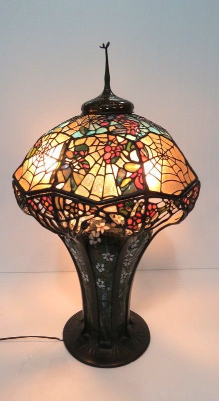 Tiffany Studios Style Spider Web Art Glass Bronze Lamp : Lot 154