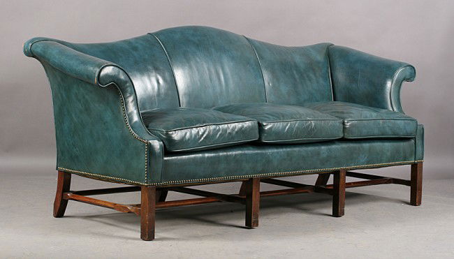 420: LEATHER UPHOLSTERED CAMELBACK SOFA ROLLED ARMS : Lot 420