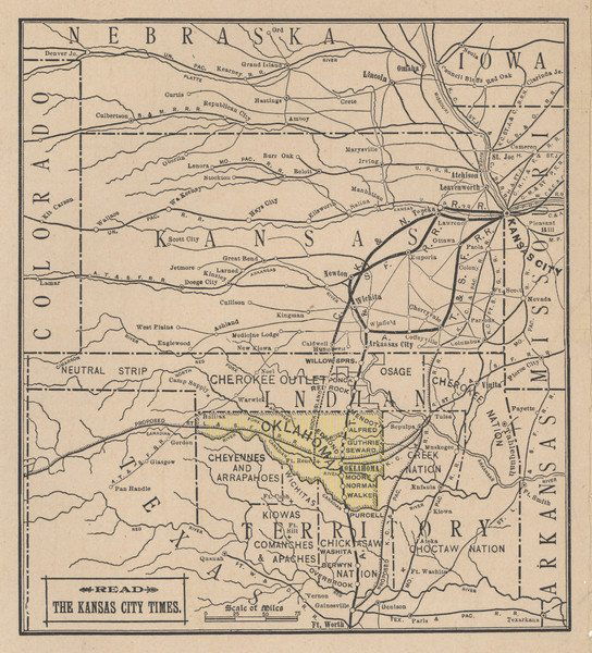 312: The Kansas City Times' Map of Oklahoma. Ca. 1889 : Lot 312