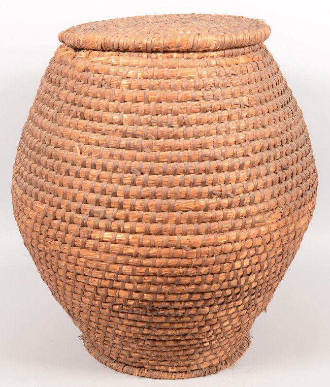 758 A Large Ovoid Wrapped Rye Straw Basket or Hamper. Lot 758