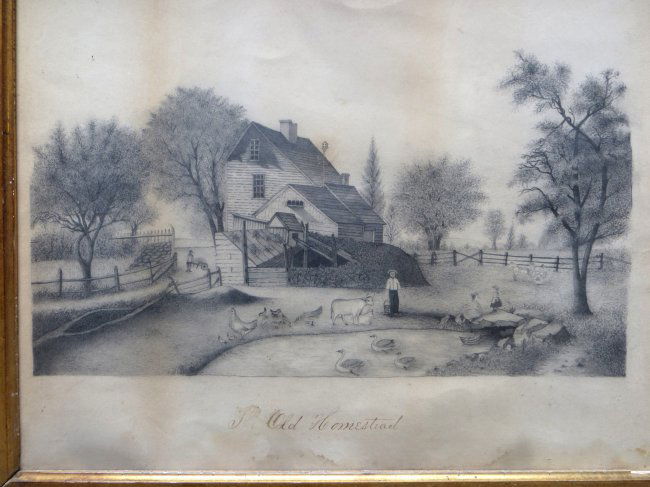 Pencil drawing of a farm scene with people, farm : Lot 48