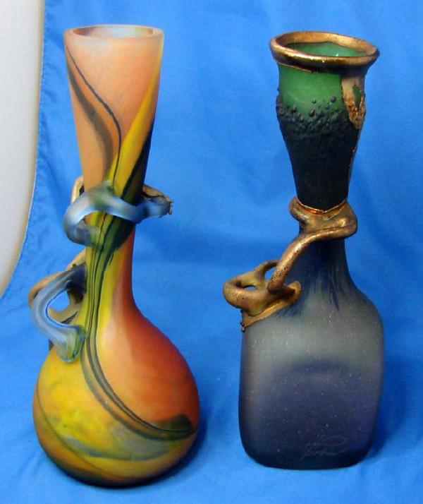 164 2 Romanian Art Glass & Metal Fusion Vases Lot 164