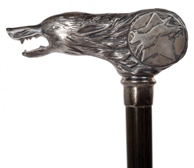 Silver Wolf Man cane with wolf’s head handle cast from Lot 793